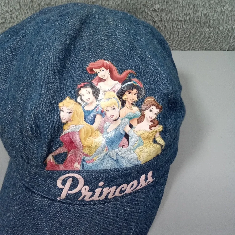 Disney Princess Girls Blue Denim Newsboy Cap Hat Pink Glitter 100%‎ Cotton 17216